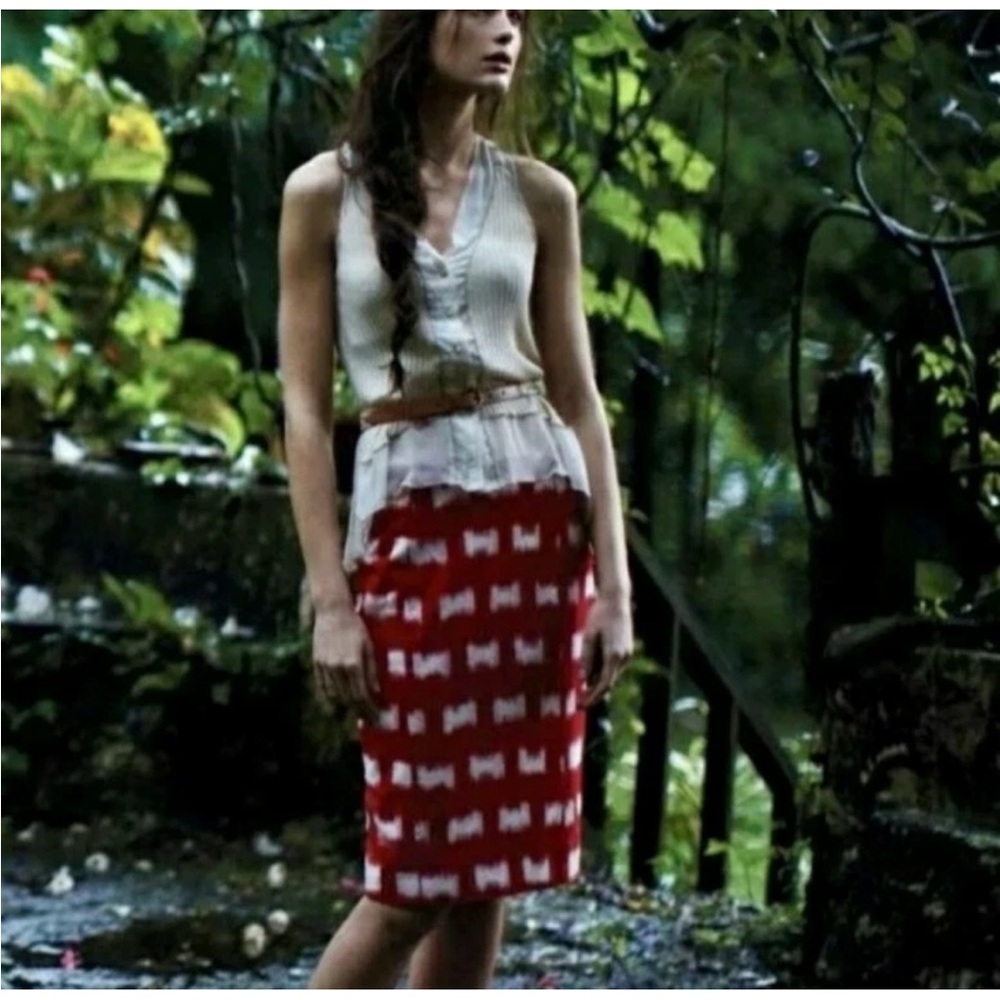 Anthropologie Corey Lynn Calter Ackee Pencil Skirt Red White Linen Blend Size 2